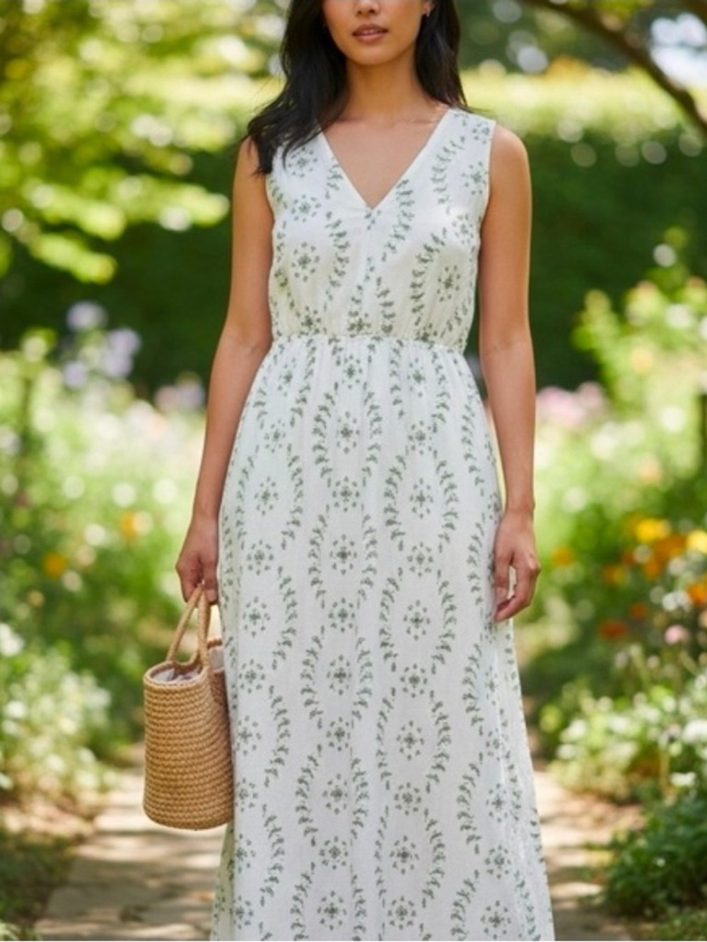 a new day Cream Maxi Dress with Green Leaf Print